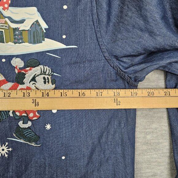 Disney Parks Women's Blue Christmas Embroidered Michey & Minnie Mouse Shirt Sz S - Picture 3 of 9